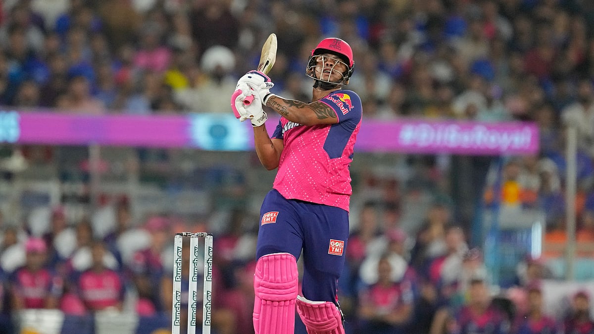 Shimron Hetmyer playing for R in IPL 2024. AP Photo