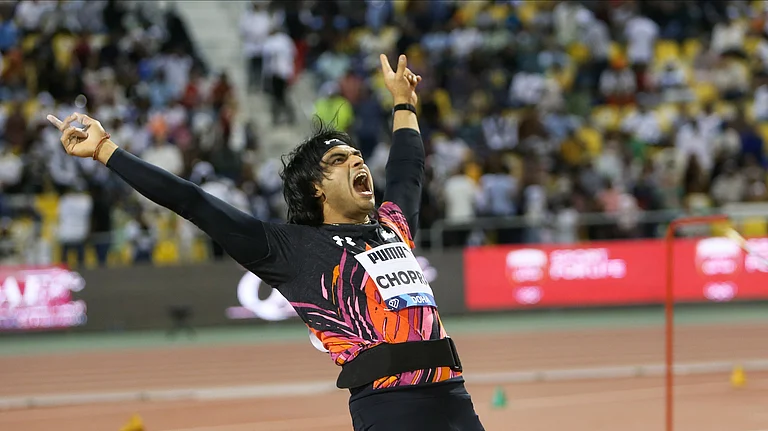 Neeraj Chopra, of India, reacts after an attempt in the men's javelin throw during the Diamond League athletics meet at the Qatar Sports Club stadium in Doha. - AP Photo/Hussein Sayed