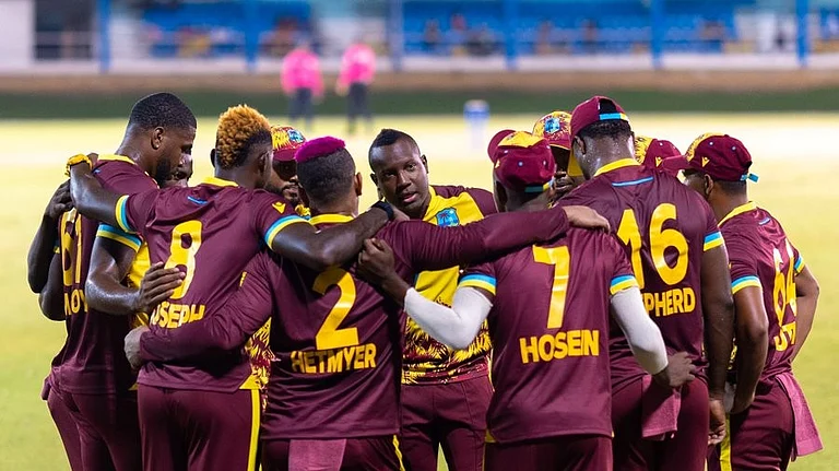 West Indies cricket team in action at the 2024 T20 World Cup warm-up match against Australia on May 31, Friday. - X | Windies Cricket