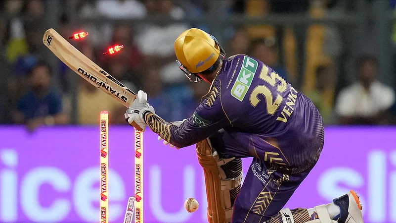 Venkatesh Iyer getting bowled out in IPL 2024. AP Photo