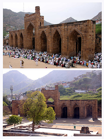 STR/NurPhoto via Getty Images) : The two-part picture combo shows indian Muslim devotees Offer Friday prayers at the Adhai-Din Ka Jhonpra mosque (top) and the Adhai-Din Ka Jhonpra mosque,