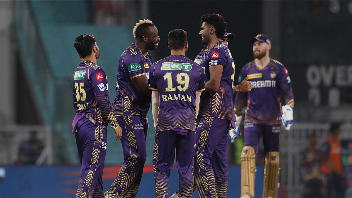 KKR players celebrating the wickets of Marcus Stoinis in IPL 2024. AP Photo