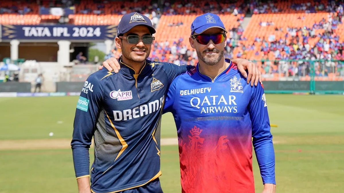 Captains of Gujarat Titans and Royal Challengers Bengaluru, Shubman Gill (first from left) and Faf Du Plessis before the 45th match of Indian Premier League 2024.  - BCCI 
