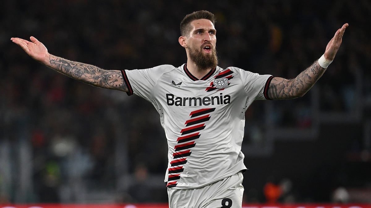 Robert Andrich celebrates his goal against Roma in the Europa League semi-finals.