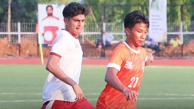 Photo: X/ @IndianFootball : The match was played at the Ramakrishna Mission Ashrama Ground in Narainpur, Chhattisgarh.