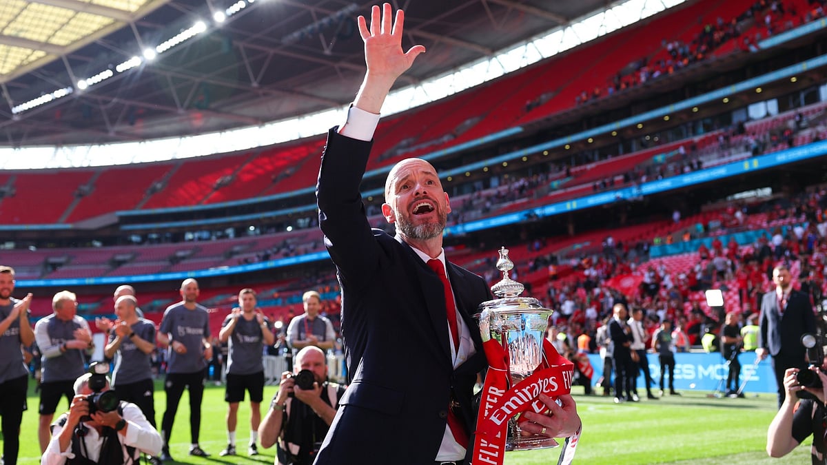Erik ten Hag celebrates Manchester United's FA Cup final win.