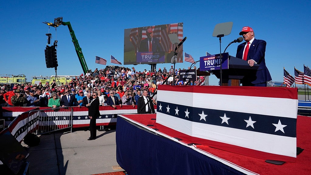 AP : Republican presidential candidate former President Donald Trump speaks at a campaign rally in Freeland, Mich., Wednesday, May 1, 2024.