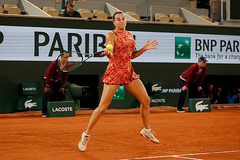 Aryna Sabalenka plays a shot against Moyuka Uchijima