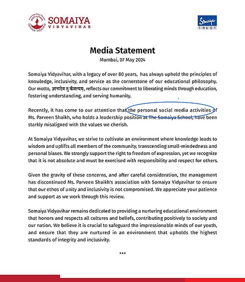 Somaiya Vidyavihar Schools's statement on the matter