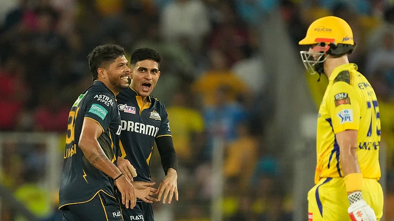 GT players celebrating the wicket against CSK in IPL 2024. AP Photo