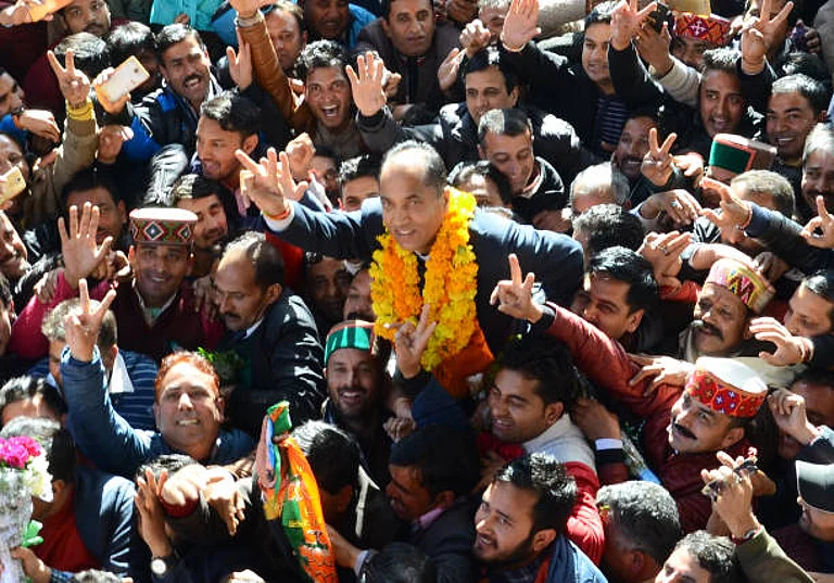 After BJP announces the Himachal Pradesh chief minister name party workers shouting slogans and celebrating with the elected chief minister Jai Ram Thakur on December 24 2017 in Shimla - (Photo by Deepak Sansta via Getty Images)