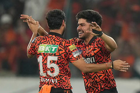 Bhuvneshwar Kumar celebrates the wicket of Marcus Stoinis