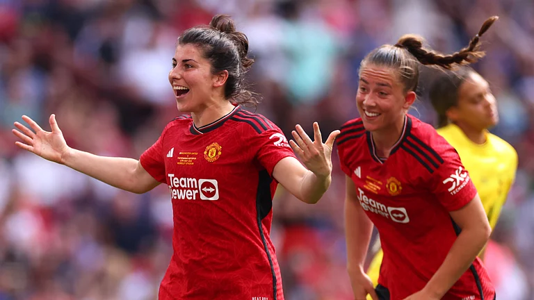 Manchester United Women's Lucia Garcia celebrates after scoring a goal against Tottenham Hotspur Women in the FA Cup final on Sunday (May 12) at Wembley Stadium. - null
