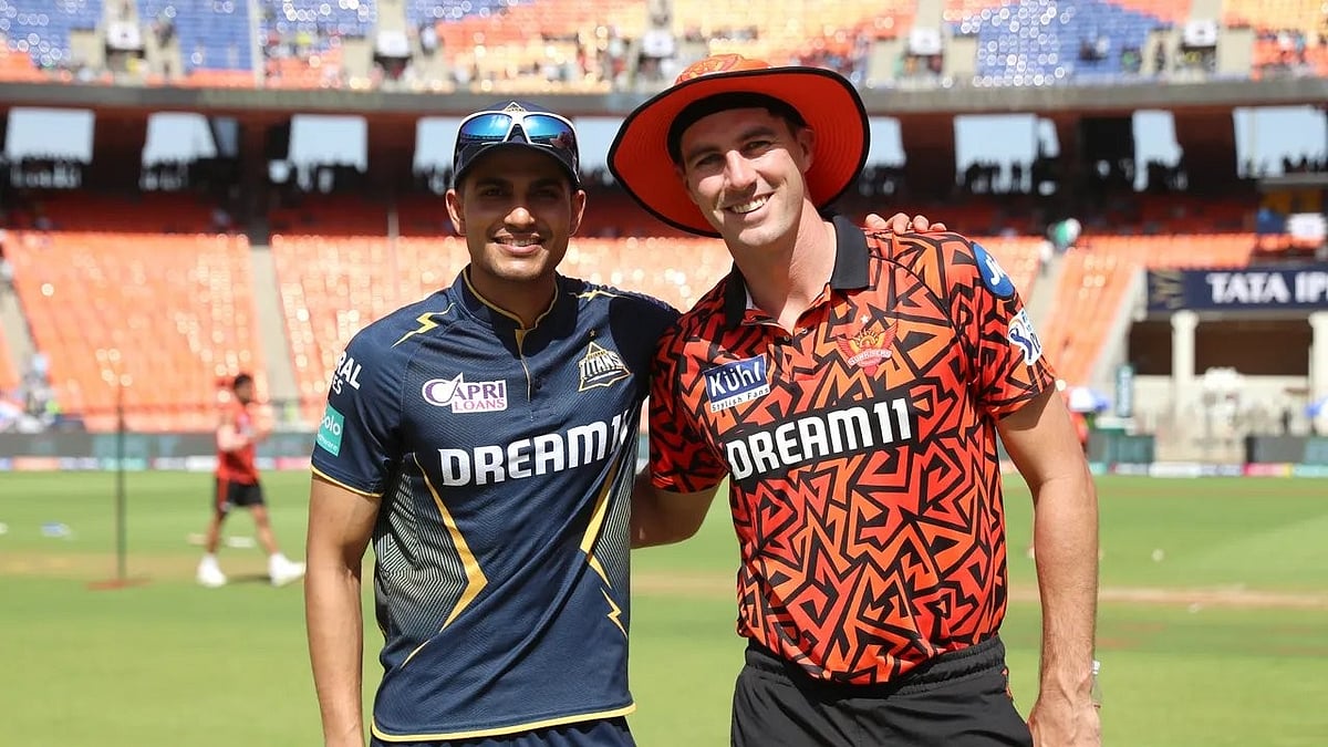 Captains of Gujarat Titans and SunRisers Hyderabad, Shubman Gill (first from left) and Pat Cummins during match 12 of the 2024 IPL season.  - IPL|BCCI