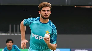 Photo: X/ @TheRealPCB : Pakistan's Shaheen Shah Afridi during a practice session before the match against Oman at ICC T20 World Cup 2024.