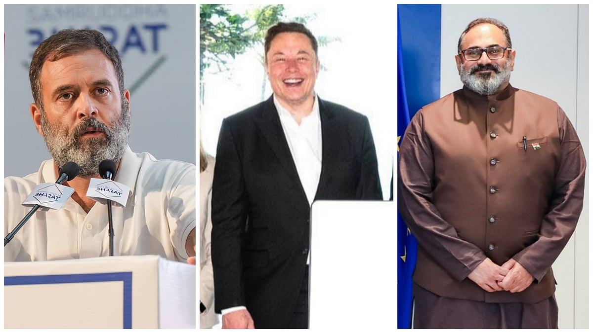L: Congress leader Rahul Gandhi | C: Tesla and SpaceX chief Elon Musk | R: Former Union minister Rajeev Chandrasekhar - X and PTI