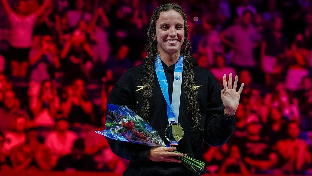 Regan Smith reacts after winning the Women's 100 backstroke finals at the US Swimming Olympic Trials in Indianapolis. - AP/Darron Cummings
