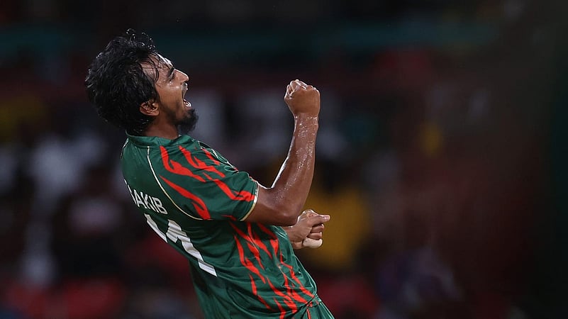 Tanzim Hasan Sakib takes four wickets, Nepal vs Bangladesh, T20 World Cup 2024 match 37, ICC photo