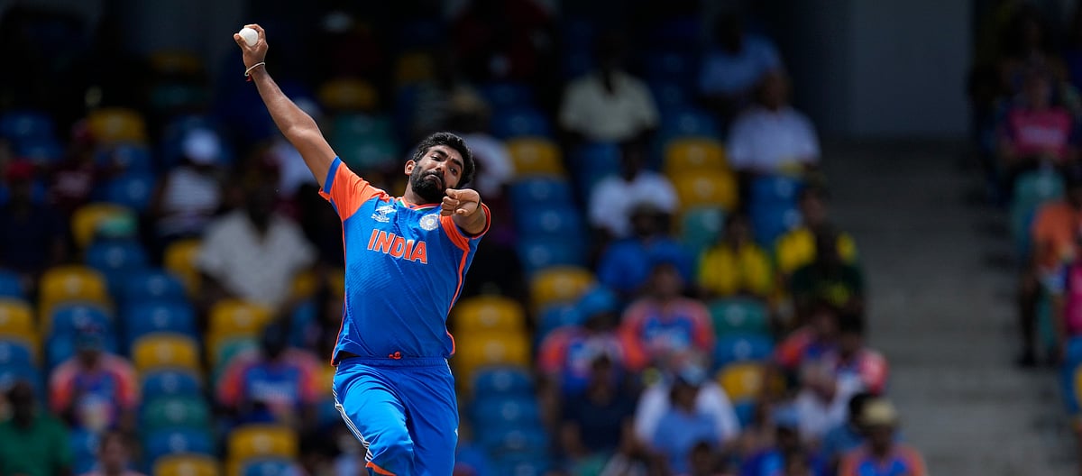 AP Photo/Ricardo Mazalan : India's Jasprit Bumrah bowls a delivery during the ICC Men's T20 World Cup cricket match between Afghanistan and India at Kensington Oval in Bridgetown, Barbados.