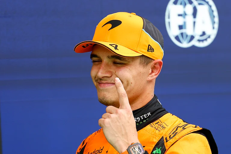 McLaren driver Lando Norris of Britain celebrates after winning the pole position for the Formula 1 Spanish Grand Prix at the Barcelona Catalunya racetrack in Montmelo, near Barcelona, Spain, Saturday, June 22, 2024. The race will be held on Sunday.
- (AP Photo/Joan Monfort)