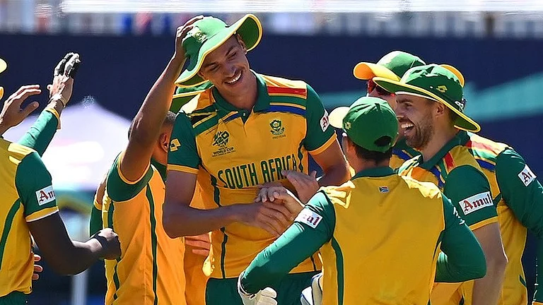 South Africa celebrate their ICC T20 World Cup match win - X | Proteas Men
