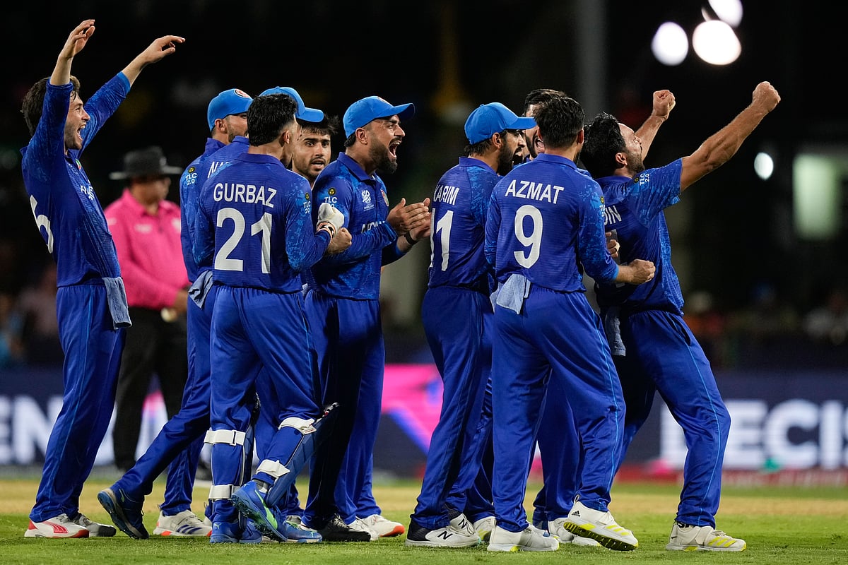 (AP Photo/Ramon Espinosa) : Afghanistan players celebrate the dismissal of Australia's Tim David during the men's T20 World Cup cricket match between Afghanistan and Australia at Arnos Vale Ground, Kingstown, Saint Vincent and the Grenadines, Saturday, June 22, 2024. 
