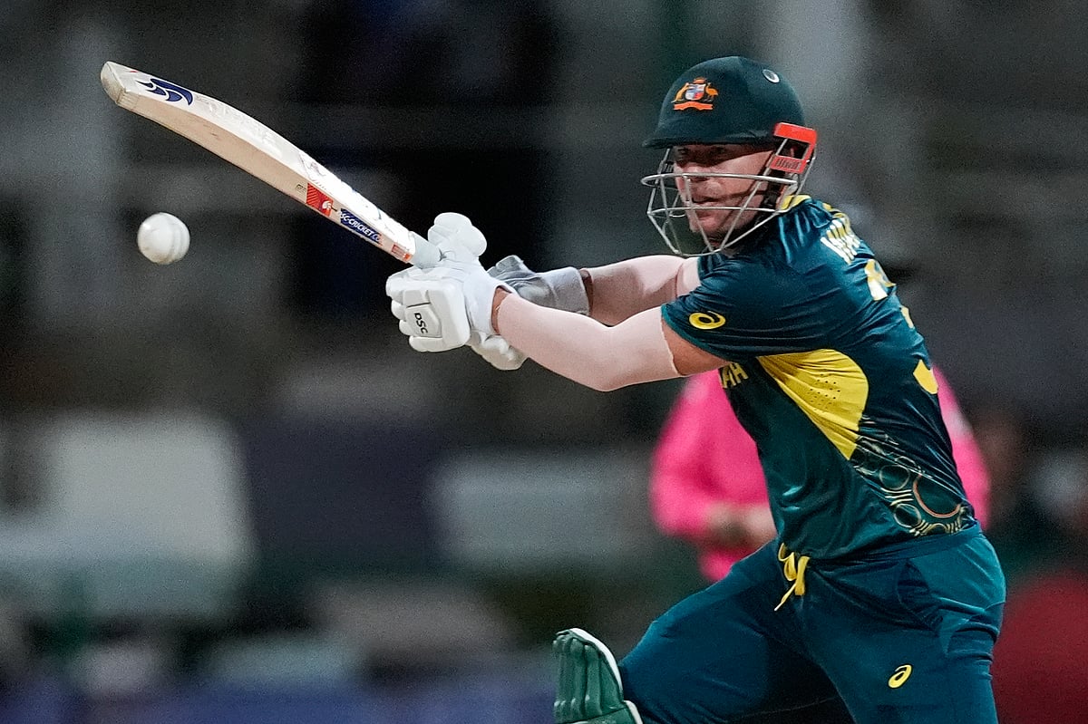 Australia's David Warner bats during the ICC Men's T20 World Cup cricket match between Australia and Bangladesh in North Sound, Antigua and Barbuda, Thursday, June 20, 2024. -  (AP Photo/Lynne Sladk