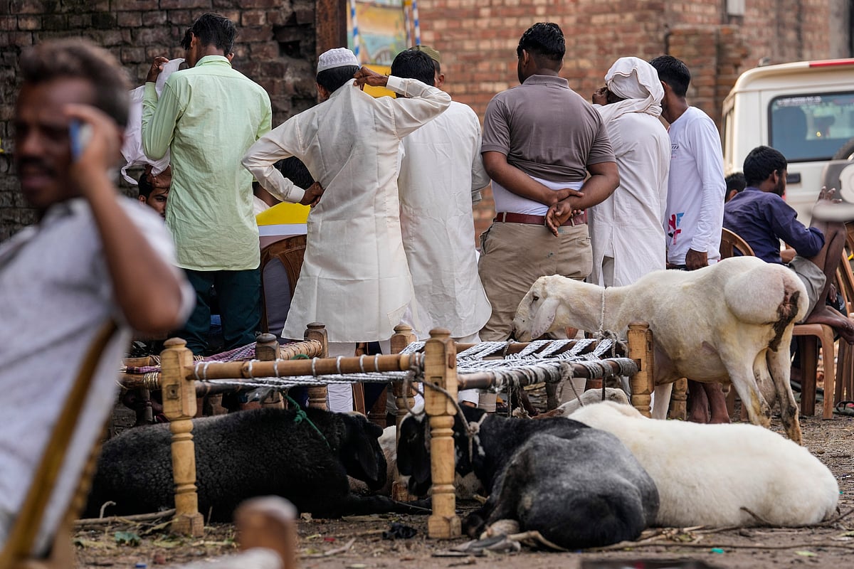 AP photo : Muslim customers gather around to buy goats at a livestock market for Eid al-Adha in Kolkata