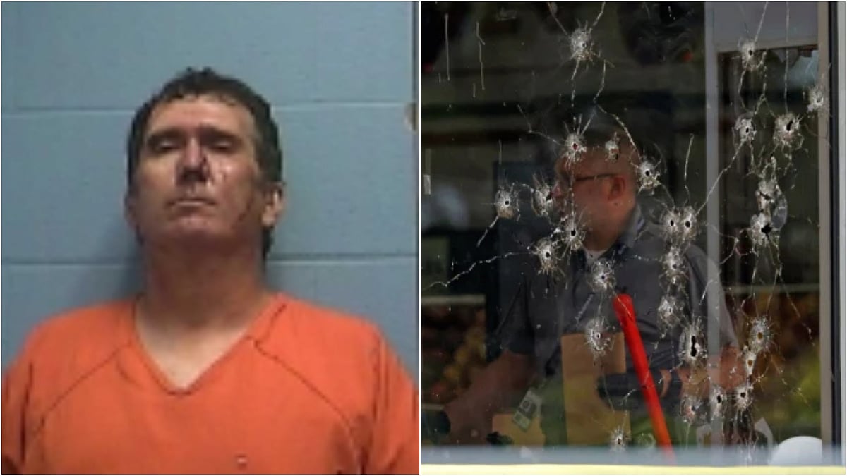 X/@BNONews/@TabZLIVE : L: Identified suspect Travis Posey | R: Gunshot holes at the grocery store windows.