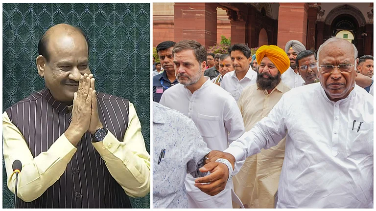Lok Sabha Speaker Om Birla (L) read out a resolution condemning the imposition of Emergency on Wednesday - PTI images