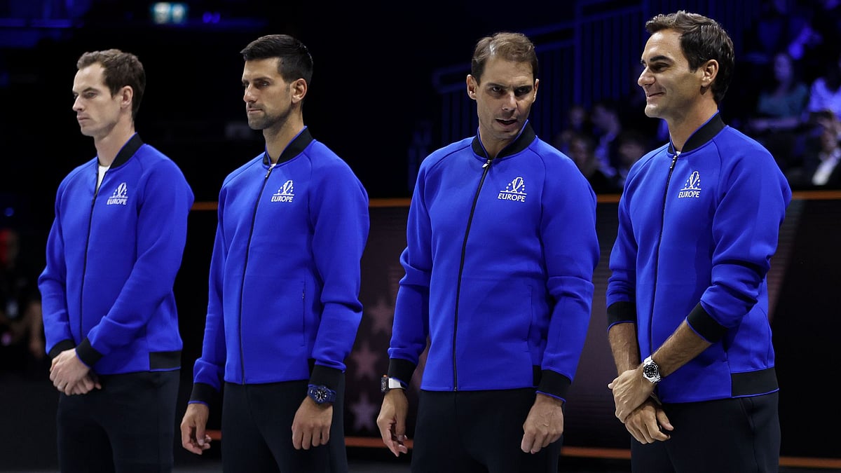 Federer (R) with his former rivals at the 2022 Laver Cup. - null