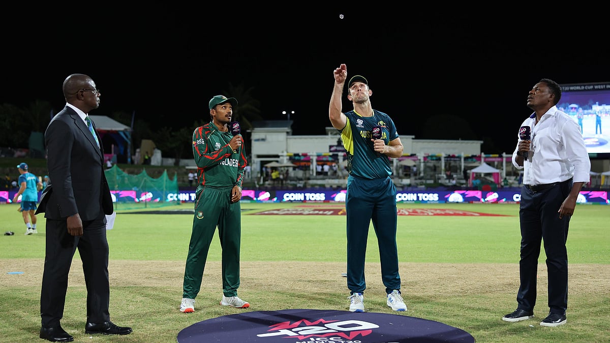 ICC : Captains at the toss for the Australia vs Bangladesh, ICC T20 World Cup 2024 Super 8s match in Antigua.