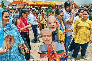 Photo: PTI : Fluid Political Matrix: BJP supporters at a 2024 Lok Sabha campaign meeting at Hoshiarpur, Punjab