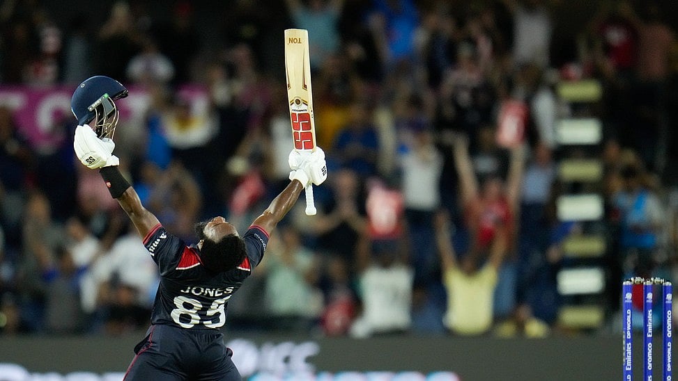 United States' Aaron Jones reacts after winning the men's T20 World Cup cricket match between the United States and Canada at Grand Prairie Stadium, in Grand Prairie, Texas. - AP/Julio Cortez