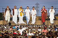Moves Of The South In The 2024 Election Photo: AP : Joining Hands: Large cutouts of DMK and Congress leaders loom over a campaign rally venue at the outskirts of Chennai ahead
of the Lok Sabha elections