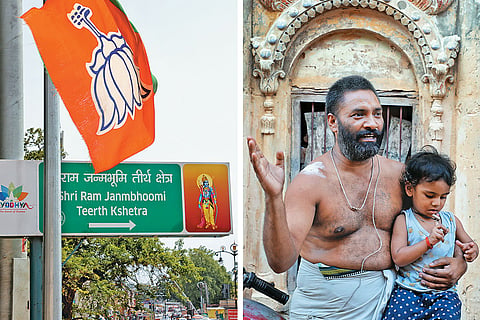 A Telling Story:  (Opposite page) An inverted Bharatiya Janata Party (BJP) flag hangs over the Ram Janmabhoomi Path in Ayodhya; Shri Pal Das, a priest at the Prajapati temple