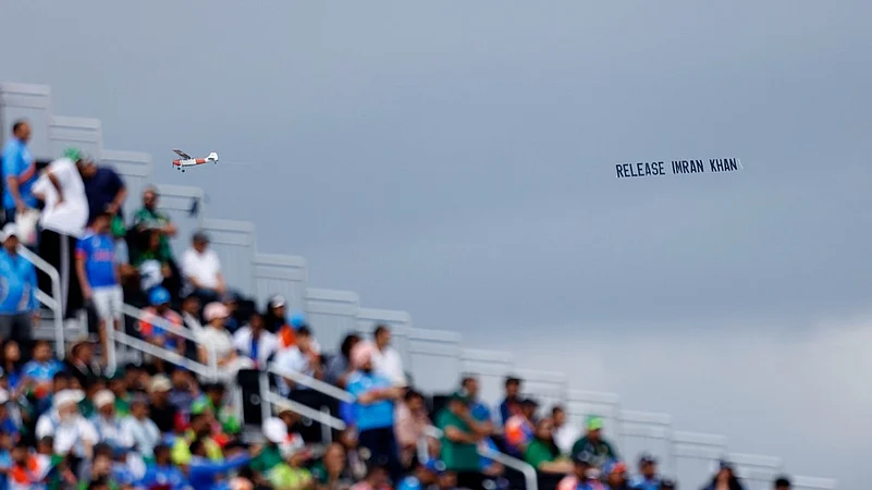 Release Imran Khan Banner, Ind vs Pak, ICC T20 World Cup 2024, New York, AP Photo