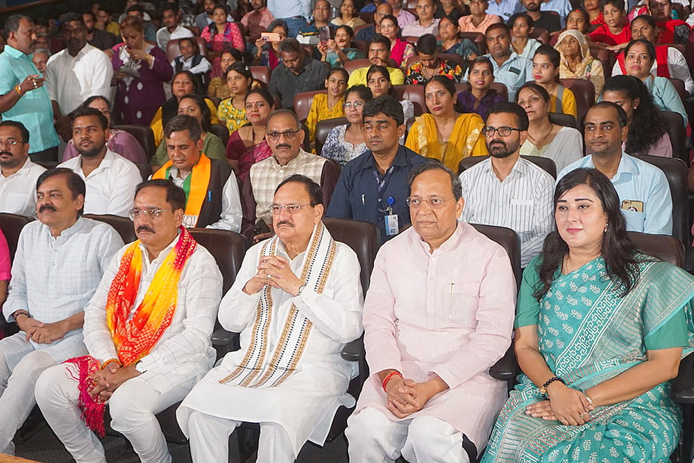 JP Nadda, Bansuri Swaraj, Virendra Sachdeva during Mann Ki Baat