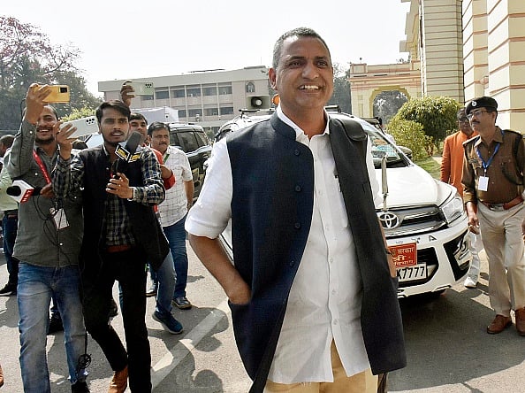 (Photo by Santosh Kumar via Getty Images) :  RJD MLA Sudhakar Singh speaking with media persons outside of Bihar Assembly during Budget Session on February 28, 2023 in Patna, India. 