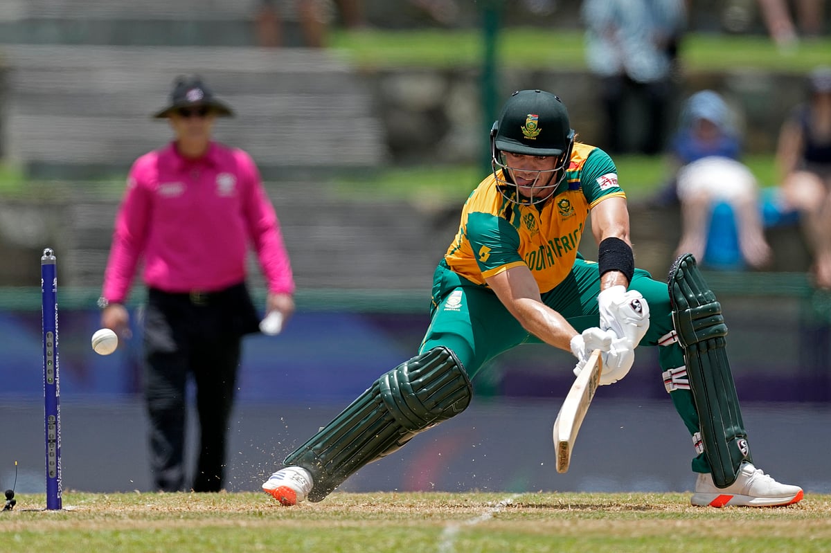 (AP Photo/Ricardo Mazalan) : South Africa's Tristan Stubbs plays a shot during the ICC Men's T20 World Cup cricket match between the United States and South Africa at Sir Vivian Richards Stadium in North Sound, Antigua and Barbuda, Wednesday, June 19, 2024. 
