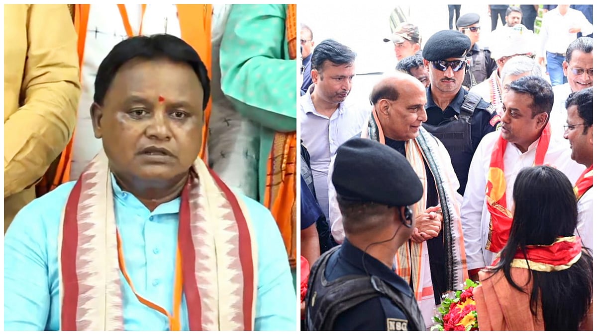 L: Odisha CM Mohan Charan Majhi | R: BJP leaders at Jagannath temple in Odisha's Puri - PTI images