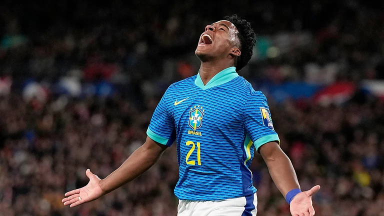 FILE - Brazil's Endrick celebrates after scoring the opening goal during a friendly soccer match between England and Brazil at Wembley Stadium in London, Saturday, March 23, 2024. The 17-year-old striker is widely expected to be in the starting lineup at Copa America, his first major event with the senior team.
- (AP Photo/Alastair Grant, File)
