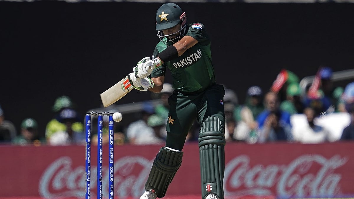 Pakistan's captain Babar Azam plays a shot during the ICC Men's T20 World Cup cricket match between United States and Pakistan at the Grand Prairie Stadium in Grand Prairie, Texas, Thursday, June 6, 2024. - AP Photo/Tony Gutierrez