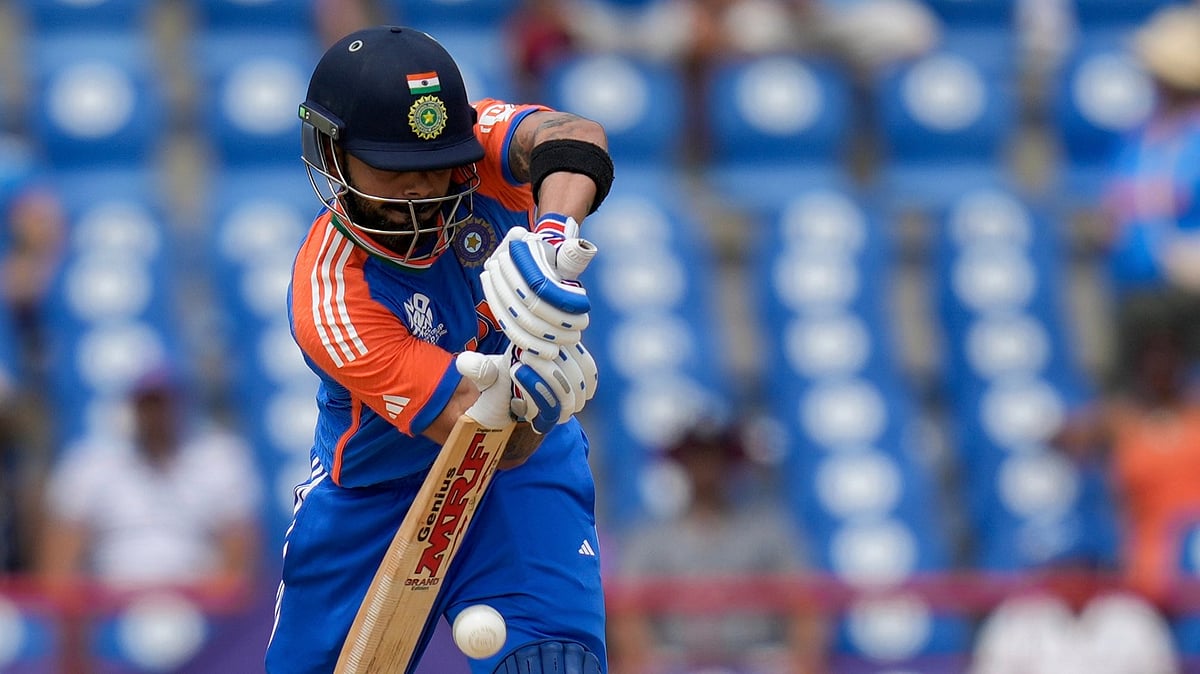 India's Virat Kohli plays a shot against Australia during an ICC Men's T20 World Cup cricket match at Darren Sammy National Cricket Stadium in Gros Islet, Saint Lucia, Monday, June 24, 2024.  - (AP Photo/Ramon Espinosa)