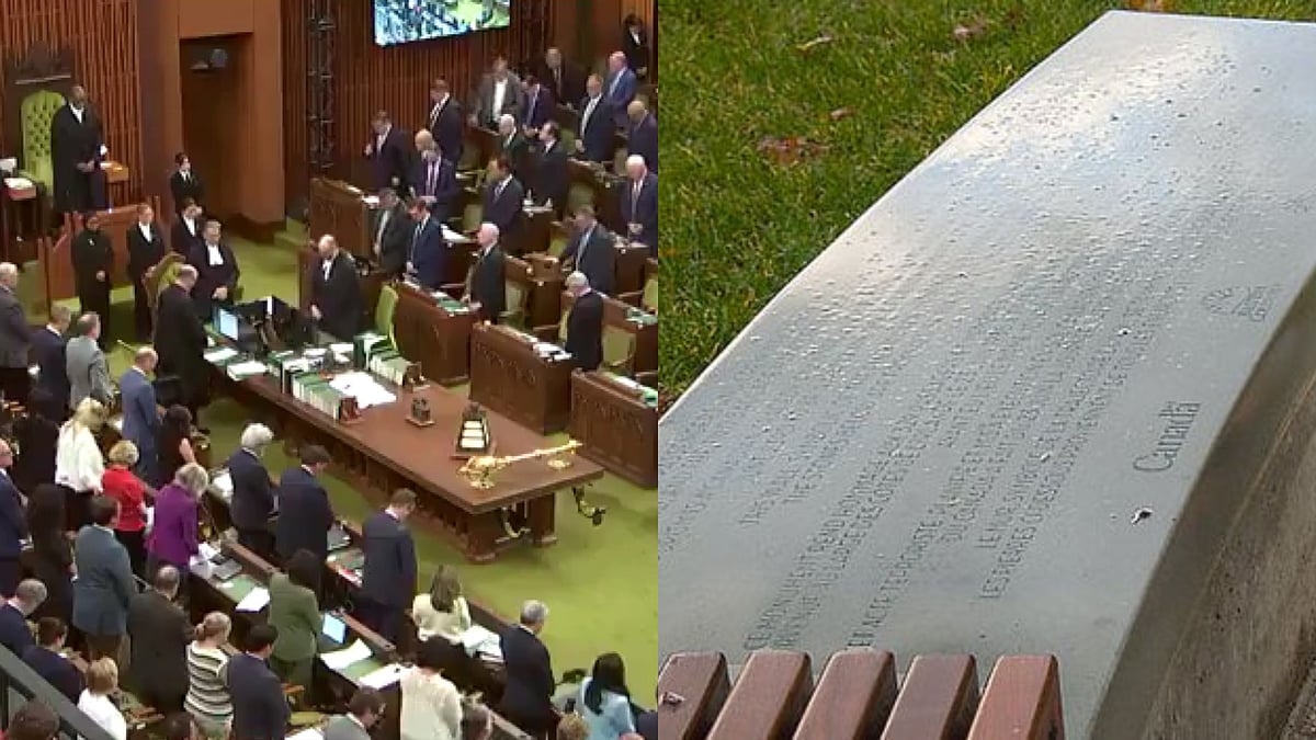 X : Canadian Parliament's 'moment of silence' (Left); Air India Memorial at Stanley Park's Ceperley Playground area (right)