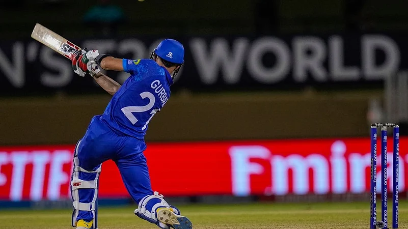 Rahmanullah Gurbaz playing a shot against Uganda. AP PTI