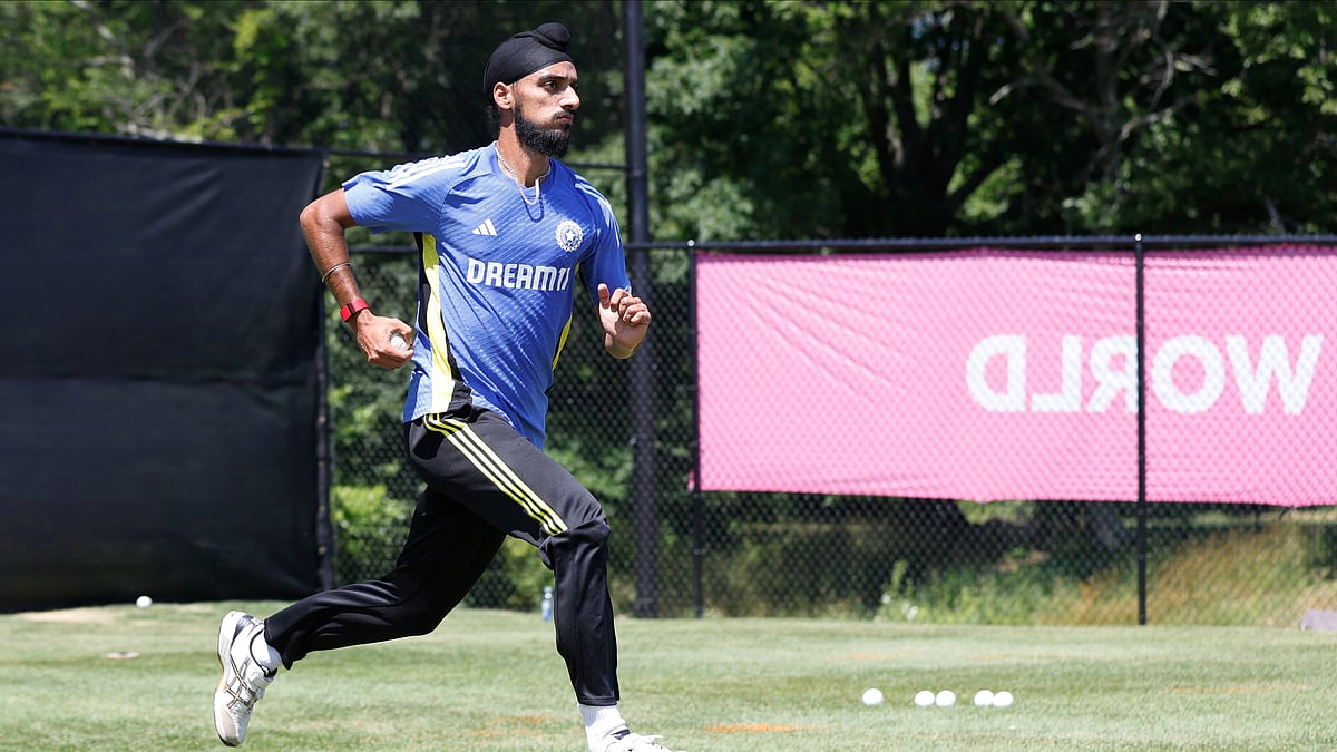 Photo: X/ @BCCI : Indian pacer Arshdeep Singh in run-up during the practice session ahead of the fixture against Ireland in the ICC T20 World Cup 2024.