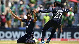 T20WorldCup/X : Saurabh Netravalkar and Harmeet Singh celebrate after winning the super over against Pakistan.