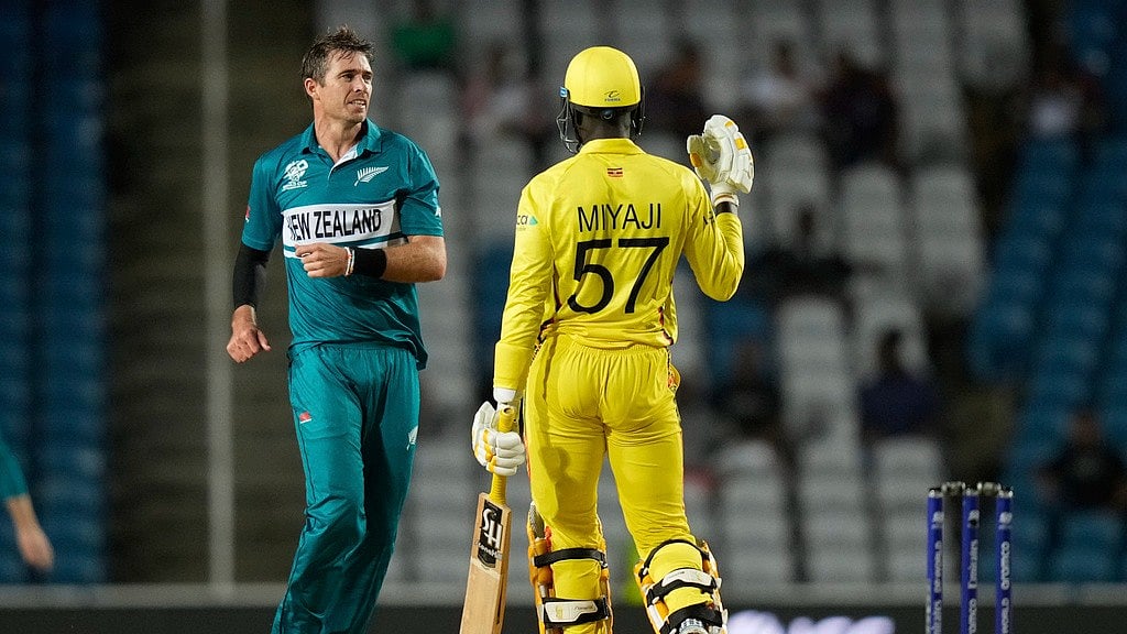 AP/Ramon Espinosa : Tim Southee celebrates after dismissing Miyaji Juma during the New Zealand vs Uganda, ICC T20 World Cup 2024 match in Trinidad.