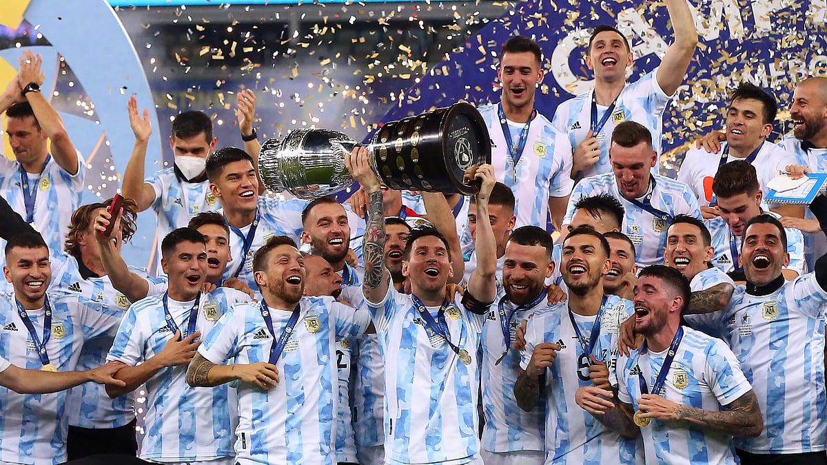 Argentina captain, Lionel Messi, lifting the Copa America in 2021 - null